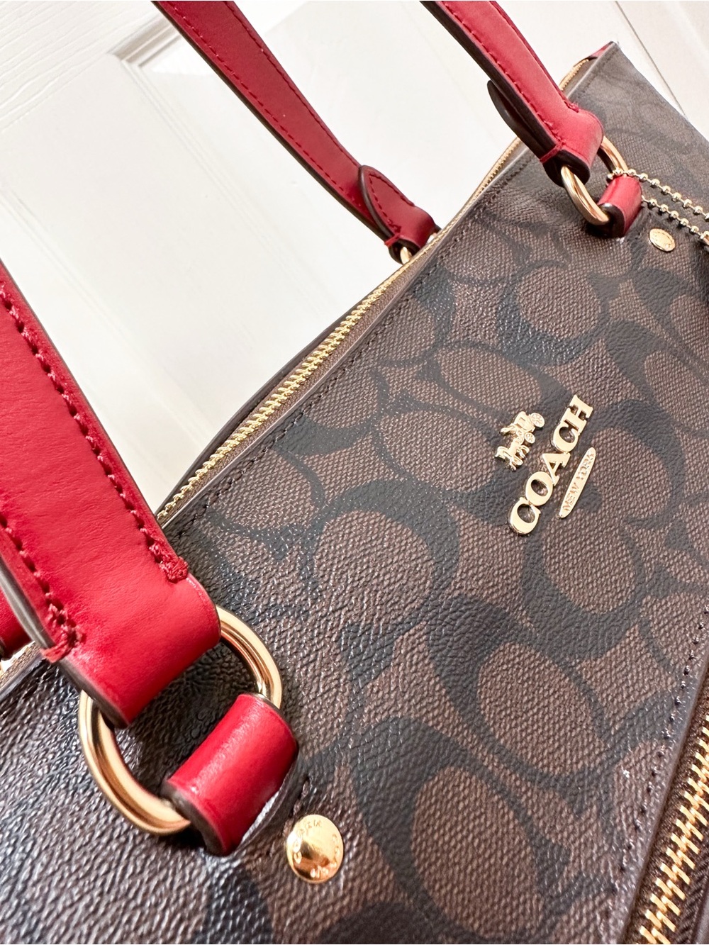 Coach Gallery Tote Bag Signature Coated Canvas Brown Crimson Red 79609 - Picture 9 of 16